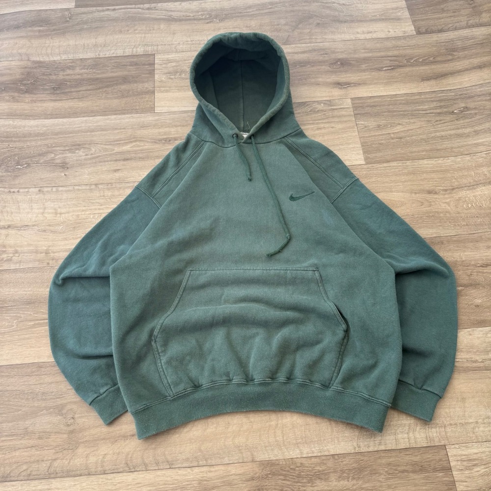 Nike Vintage Hoodie Forest Green Embroidered Swoosh Mens Medium 90s Boxy Fit - Picture 2 of 7